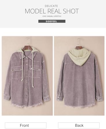 Chaqueta de manga larga Sidefeel con bloques de color y capucha de pana para mujer Abrigo con dobladillo crudo Outwear